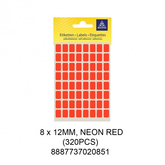MAYSPIES MS-8X12MM COLOUR LABEL / 5 SHEETS/PKT / 320PCS / 8X12MM NEON RED